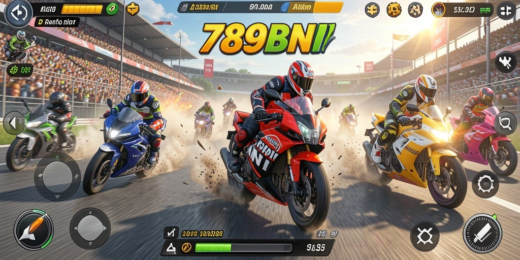 Screenshot gameplay dari 789BNI menampilkan balapan motor yang seru dan mendebarkan.