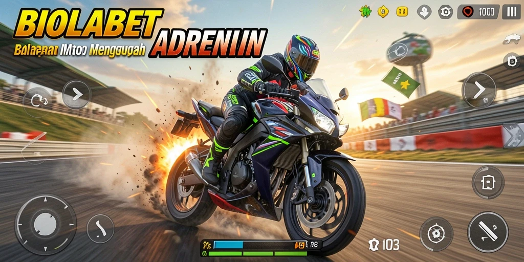 Screenshot dari gameplay <strong>BIOLABET</strong> yang menampilkan aksi balap motor yang seru.
