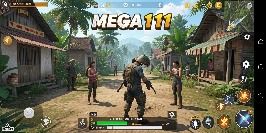Tampilan gameplay MEGA111 dengan interaksi karakter yang menarik.