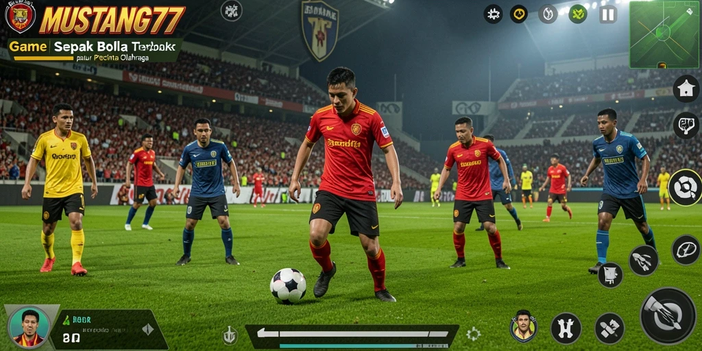 Screenshot gameplay MUSTANG77 menunjukkan aksi seru di lapangan sepak bola.