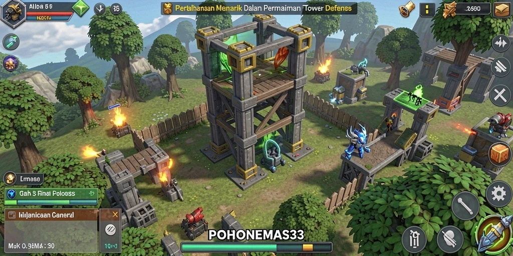 Gameplay seru dalam POHONEMAS33 menampilkan strategi tower defense yang menegangkan.