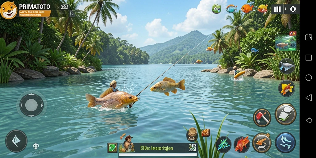 Tampilan menarik dari gameplay PRIMATOTO yang menampilkan pengalaman memancing.