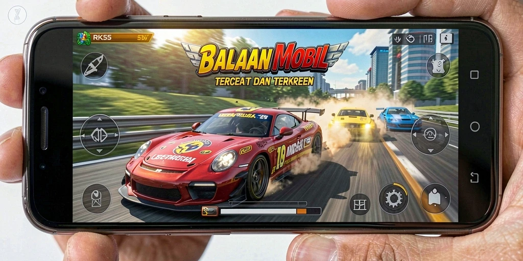 Screenshot menunjukkan aksi balapan yang intens dalam RK55.